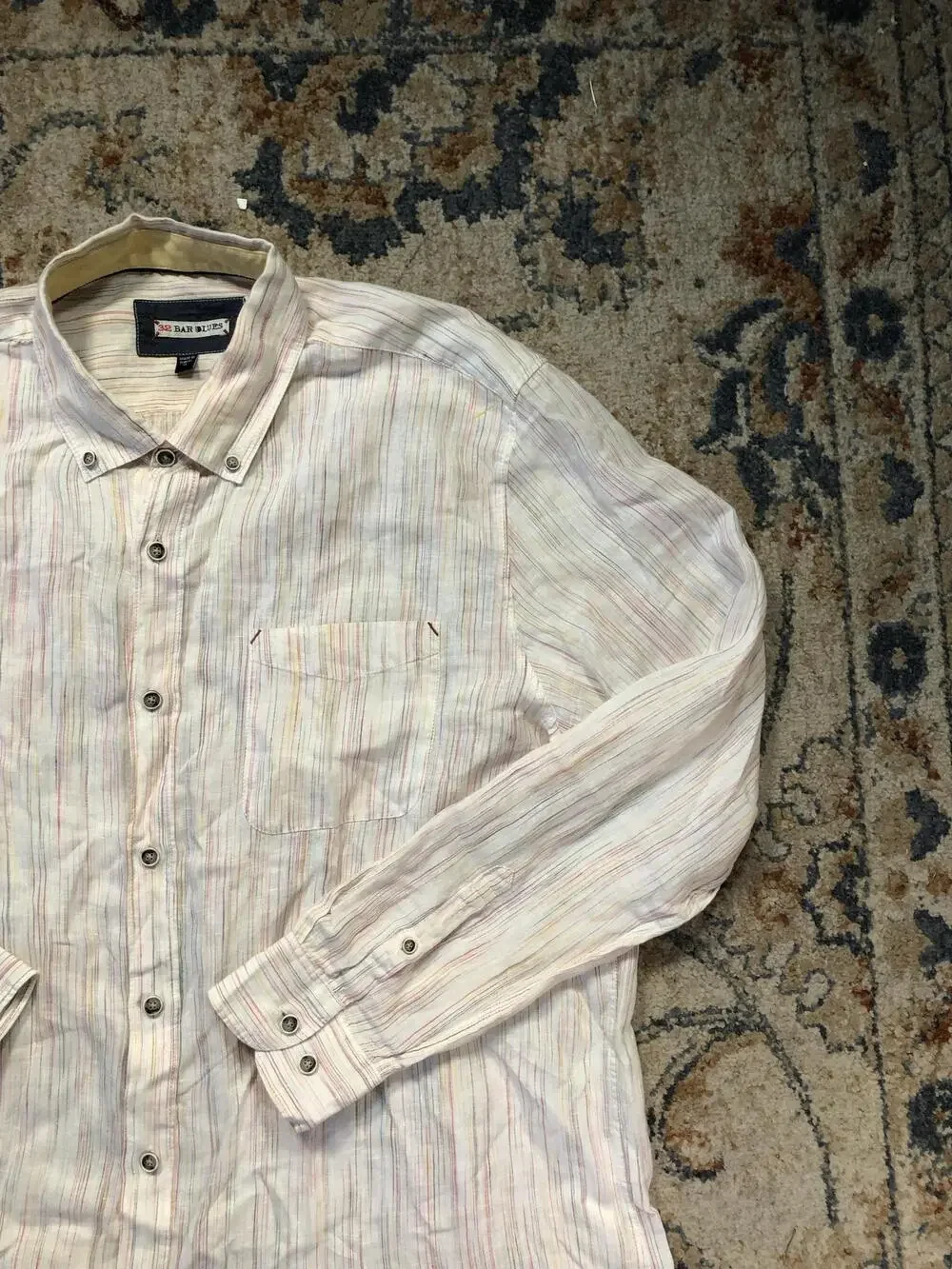 32 Bar Blues Shirt Mens XL White Stripe Long Sleeve Button Up Casual Lightweight